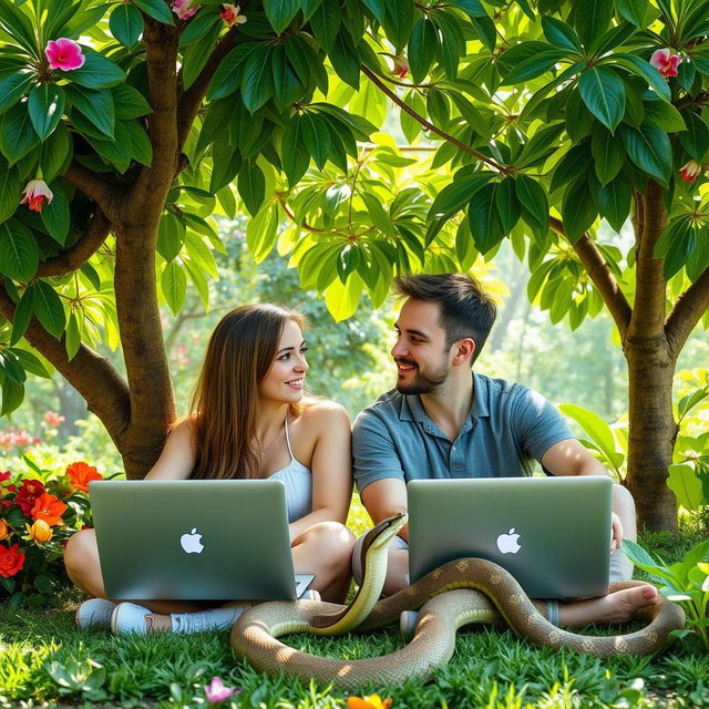 A programmer couple, a man and a woman, sitting together under a lush green tree, surrounded by a serene paradise-like setting