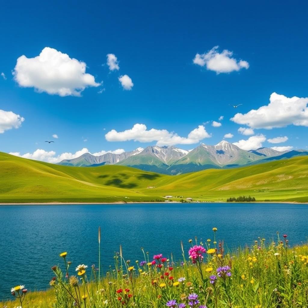 A breathtaking landscape depicting a serene natural scene with vibrant green rolling hills under a clear blue sky, dotted with fluffy white clouds