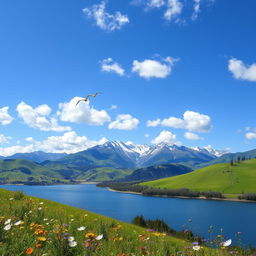 A breathtaking landscape depicting a serene natural scene with vibrant green rolling hills under a clear blue sky, dotted with fluffy white clouds