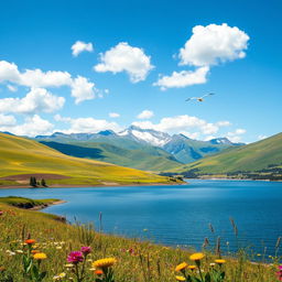 A breathtaking landscape depicting a serene natural scene with vibrant green rolling hills under a clear blue sky, dotted with fluffy white clouds