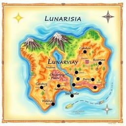 An imaginative physical map of an imaginary nation named, "Lunarisia