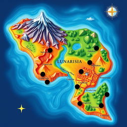 An imaginative physical map of an imaginary nation named, "Lunarisia