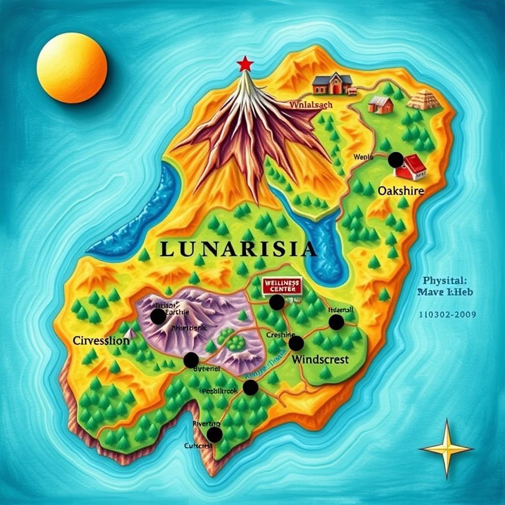 An imaginative physical map of an imaginary nation named, "Lunarisia