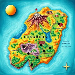 An imaginative physical map of an imaginary nation named, "Lunarisia