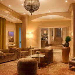 A warm and cozy reception area, lavishly furnished with luxurious furniture, indicating a high level of comfort and elegance.