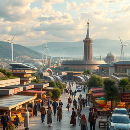 A futuristic view of Iran in 2030, showcasing modern architecture blending traditional Persian elements, lush landscapes on the outskirts of cities, bustling markets with people wearing contemporary and traditional clothing, advanced transportation systems like maglev trains and electric cars in the background