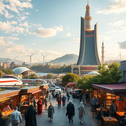A futuristic view of Iran in 2030, showcasing modern architecture blending traditional Persian elements, lush landscapes on the outskirts of cities, bustling markets with people wearing contemporary and traditional clothing, advanced transportation systems like maglev trains and electric cars in the background
