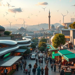 A futuristic view of Iran in 2030, showcasing modern architecture blending traditional Persian elements, lush landscapes on the outskirts of cities, bustling markets with people wearing contemporary and traditional clothing, advanced transportation systems like maglev trains and electric cars in the background