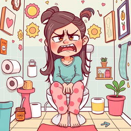A humorous cartoon-style illustration of a young woman sitting on a toilet with a comically exaggerated expression of distress on her face