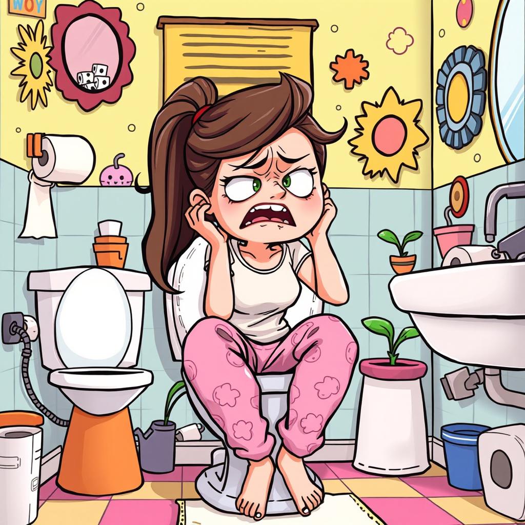 A humorous cartoon-style illustration of a young woman sitting on a toilet with a comically exaggerated expression of distress on her face