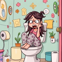 A humorous cartoon-style illustration of a young woman sitting on a toilet with a comically exaggerated expression of distress on her face