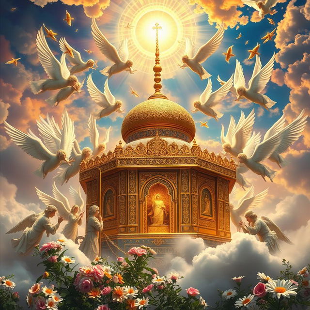 A stunning depiction of the holy shrine of Imam Hussein in heaven, surrounded by a multitude of angels