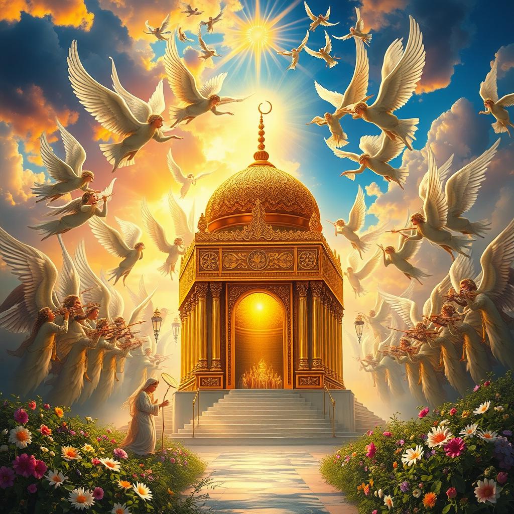 A stunning depiction of the holy shrine of Imam Hussein in heaven, surrounded by a multitude of angels