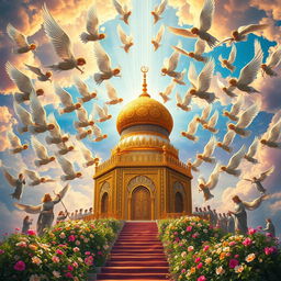 A stunning depiction of the holy shrine of Imam Hussein in heaven, surrounded by a multitude of angels