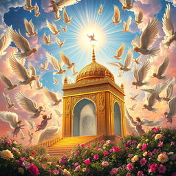 A stunning depiction of the holy shrine of Imam Hussein in heaven, surrounded by a multitude of angels