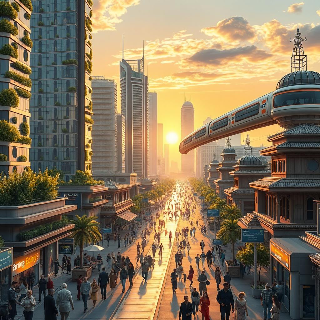 A futuristic vision of Iran fifty years from now, showcasing a vibrant and advanced society