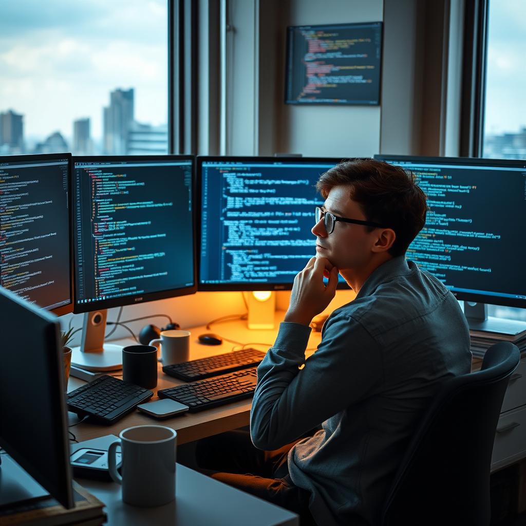 A thoughtful programmer sitting at a modern desk surrounded by multiple computer screens displaying lines of code in various programming languages such as Python, JavaScript, C++, and Ruby