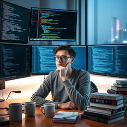 A thoughtful programmer sitting at a modern desk surrounded by multiple computer screens displaying lines of code in various programming languages such as Python, JavaScript, C++, and Ruby