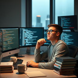 A thoughtful programmer sitting at a modern desk surrounded by multiple computer screens displaying lines of code in various programming languages such as Python, JavaScript, C++, and Ruby