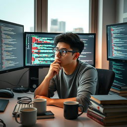 A thoughtful programmer sitting at a modern desk surrounded by multiple computer screens displaying lines of code in various programming languages such as Python, JavaScript, C++, and Ruby