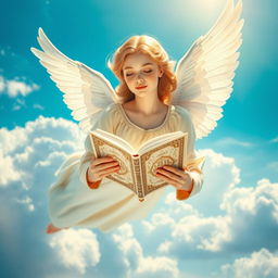 A beautiful angel soaring in the sky, gracefully holding a stunning Quran in her hands