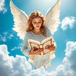 A beautiful angel soaring in the sky, gracefully holding a stunning Quran in her hands