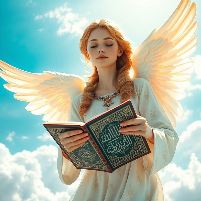 A beautiful angel soaring in the sky, gracefully holding a stunning Quran in her hands