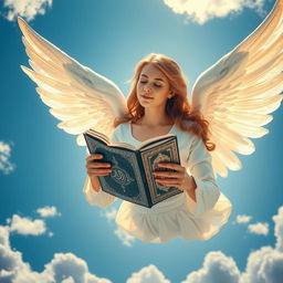 A beautiful angel soaring in the sky, gracefully holding a stunning Quran in her hands