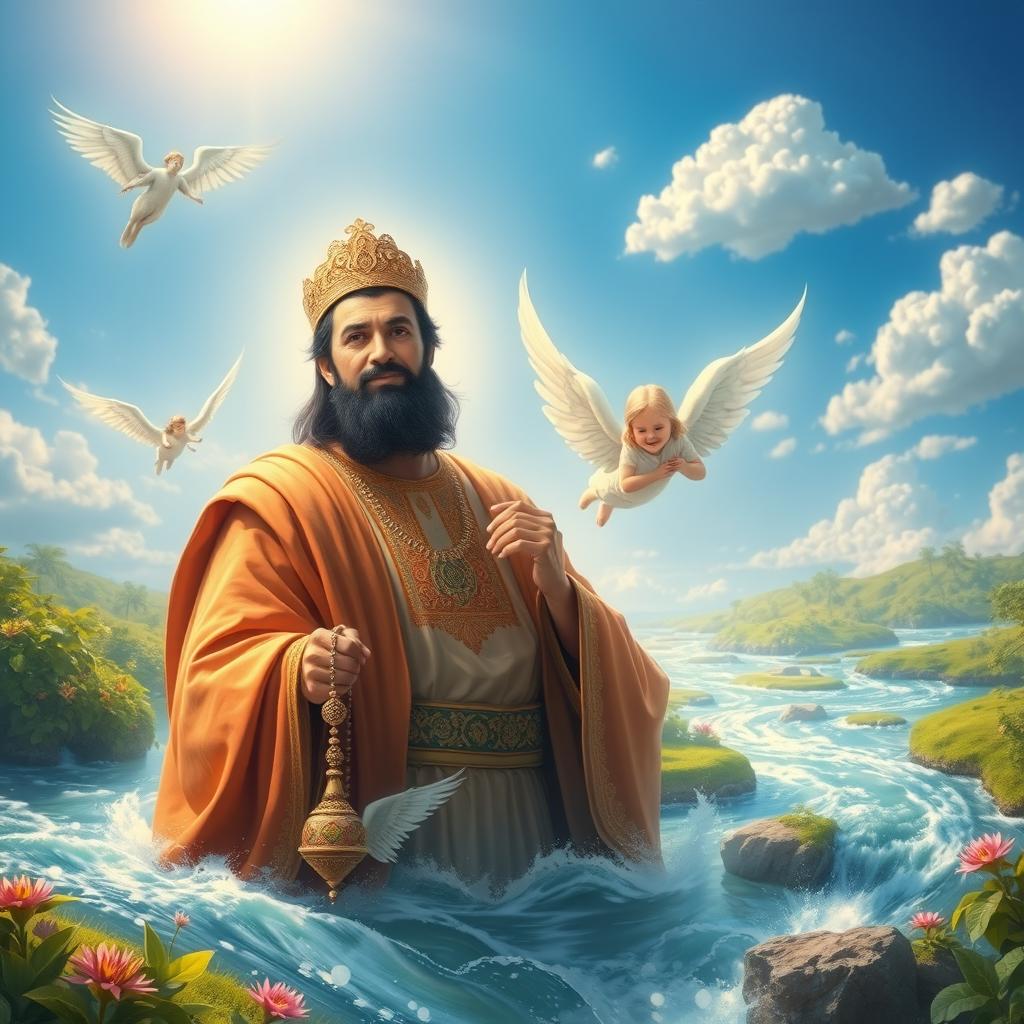 A serene and divine depiction of Imam Hussein in Paradise, surrounded by lush, vibrant greenery and flowing rivers, with ethereal lights illuminating the scene