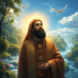 A serene and divine depiction of Imam Hussein in Paradise, surrounded by lush, vibrant greenery and flowing rivers, with ethereal lights illuminating the scene