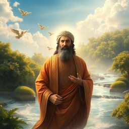 A serene and divine depiction of Imam Hussein in Paradise, surrounded by lush, vibrant greenery and flowing rivers, with ethereal lights illuminating the scene