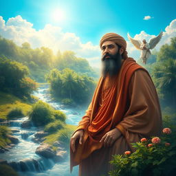 A serene and divine depiction of Imam Hussein in Paradise, surrounded by lush, vibrant greenery and flowing rivers, with ethereal lights illuminating the scene