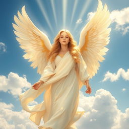 A beautiful angel in the sky, with flowing white robes and shimmering golden wings, surrounded by fluffy white clouds