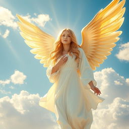 A beautiful angel in the sky, with flowing white robes and shimmering golden wings, surrounded by fluffy white clouds