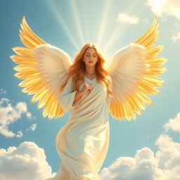 A beautiful angel in the sky, with flowing white robes and shimmering golden wings, surrounded by fluffy white clouds
