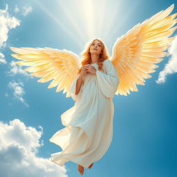 A beautiful angel in the sky, with flowing white robes and shimmering golden wings, surrounded by fluffy white clouds