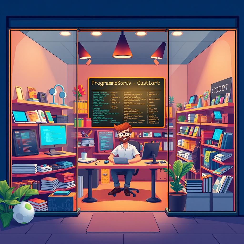 A vibrant and engaging illustration that represents the concept of a programming-themed store