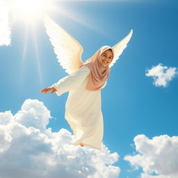 A beautiful angel wearing a hijab, gracefully soaring through a vibrant blue sky filled with fluffy white clouds