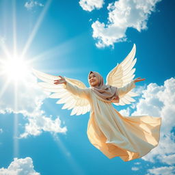 A beautiful angel wearing a hijab, gracefully soaring through a vibrant blue sky filled with fluffy white clouds