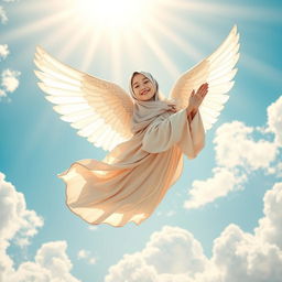 A beautiful angel wearing a hijab, gracefully soaring through a vibrant blue sky filled with fluffy white clouds