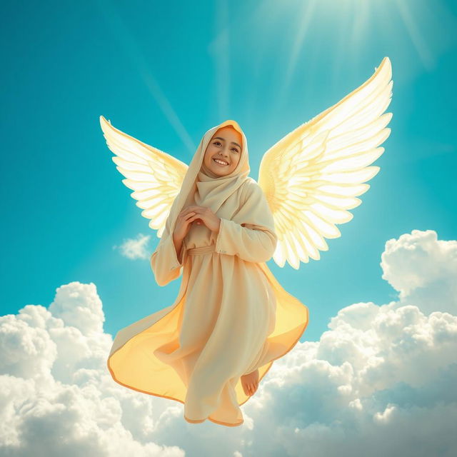 A beautiful angel wearing a hijab, gracefully soaring through a vibrant blue sky filled with fluffy white clouds
