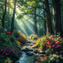 A beautiful forest scene filled with lush greenery, vibrant flowers, and tall majestic trees