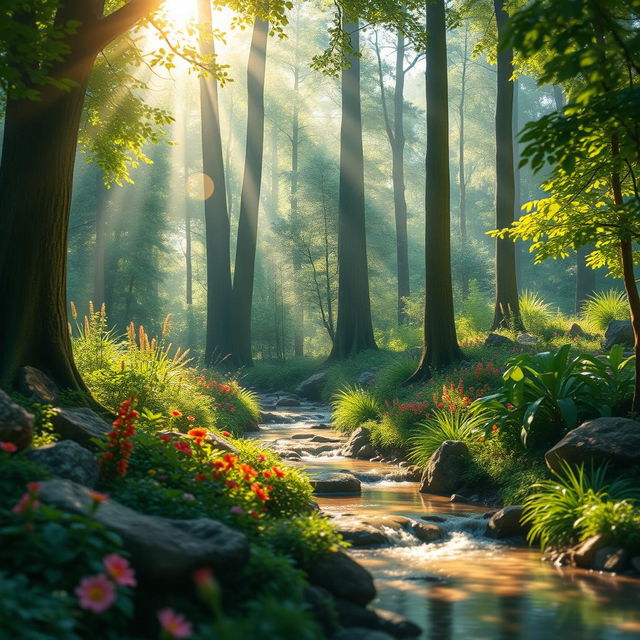 A beautiful forest scene filled with lush greenery, vibrant flowers, and tall majestic trees