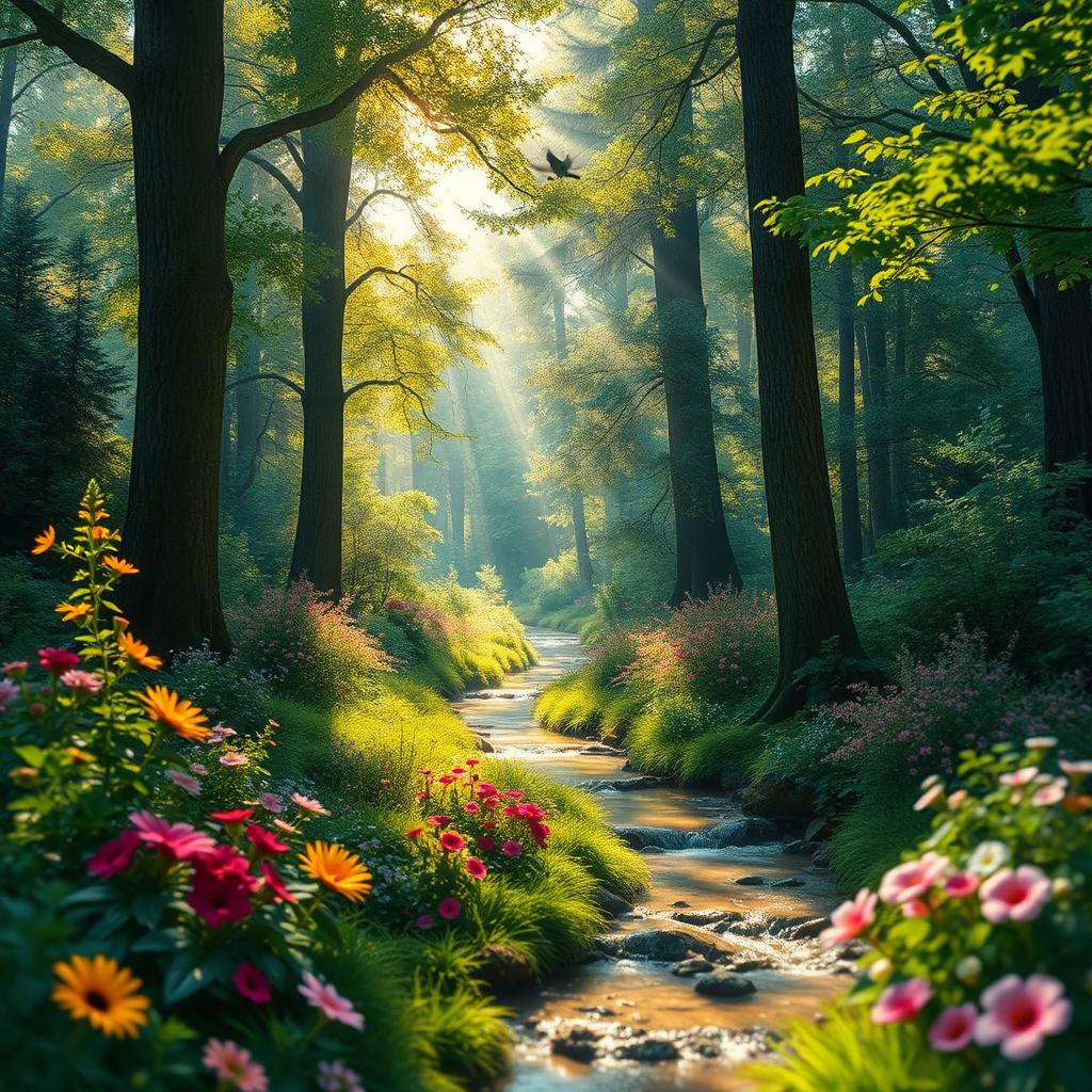 A beautiful forest scene filled with lush greenery, vibrant flowers, and tall majestic trees