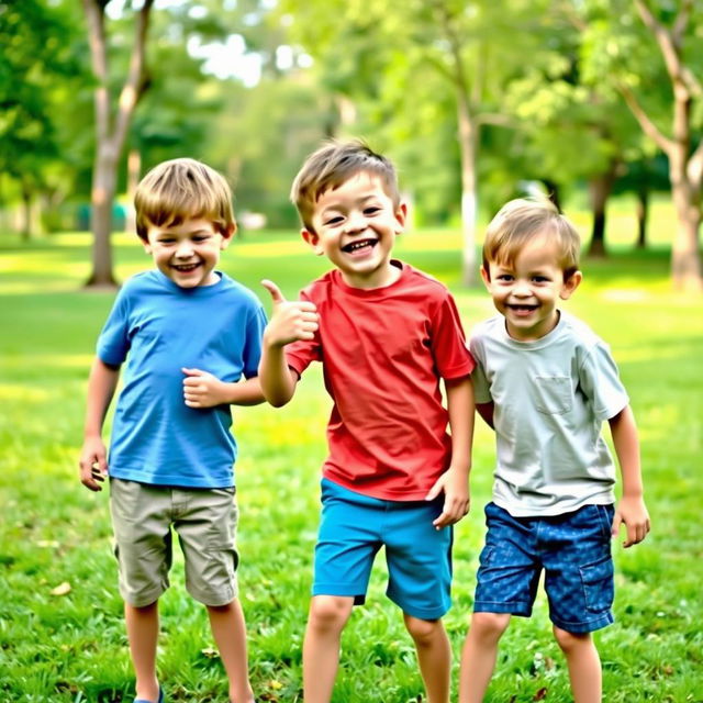 A lively and humorous scene featuring three boys in a playful outdoor setting, with one boy animatedly pointing at two other boys who are standing next to him