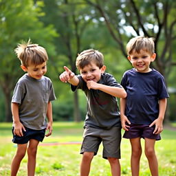 A lively and humorous scene featuring three boys in a playful outdoor setting, with one boy animatedly pointing at two other boys who are standing next to him