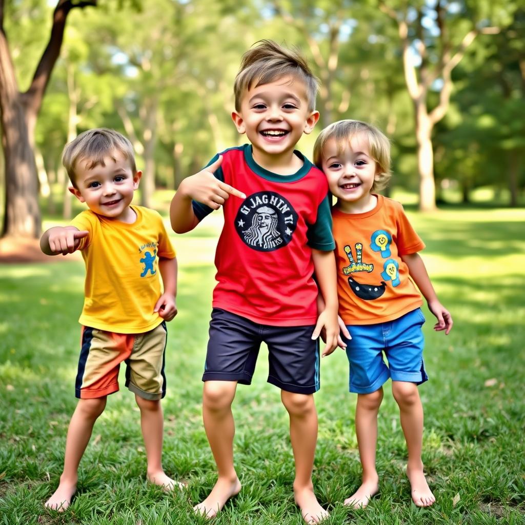 A lively and humorous scene featuring three boys in a playful outdoor setting, with one boy animatedly pointing at two other boys who are standing next to him