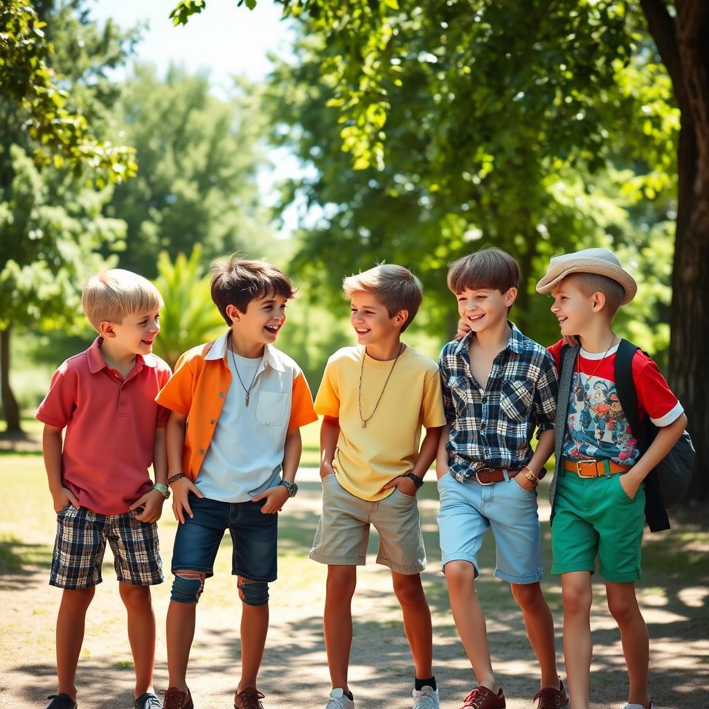 A group of stylish young boys with thin legs, dressed in trendy and colorful outfits