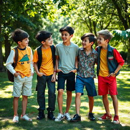 A group of stylish young boys with thin legs, dressed in trendy and colorful outfits