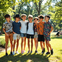A group of stylish young boys with thin legs, dressed in trendy and colorful outfits